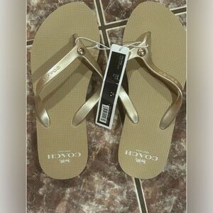 Authentic Coach NWT Gold and Tan Flip Flops